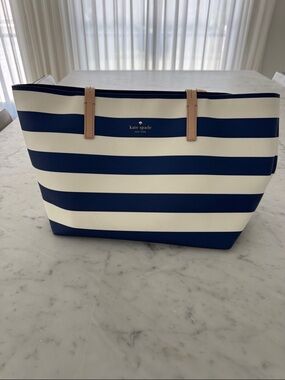 kate spade Navy & White Striped Tote with Tan Handles